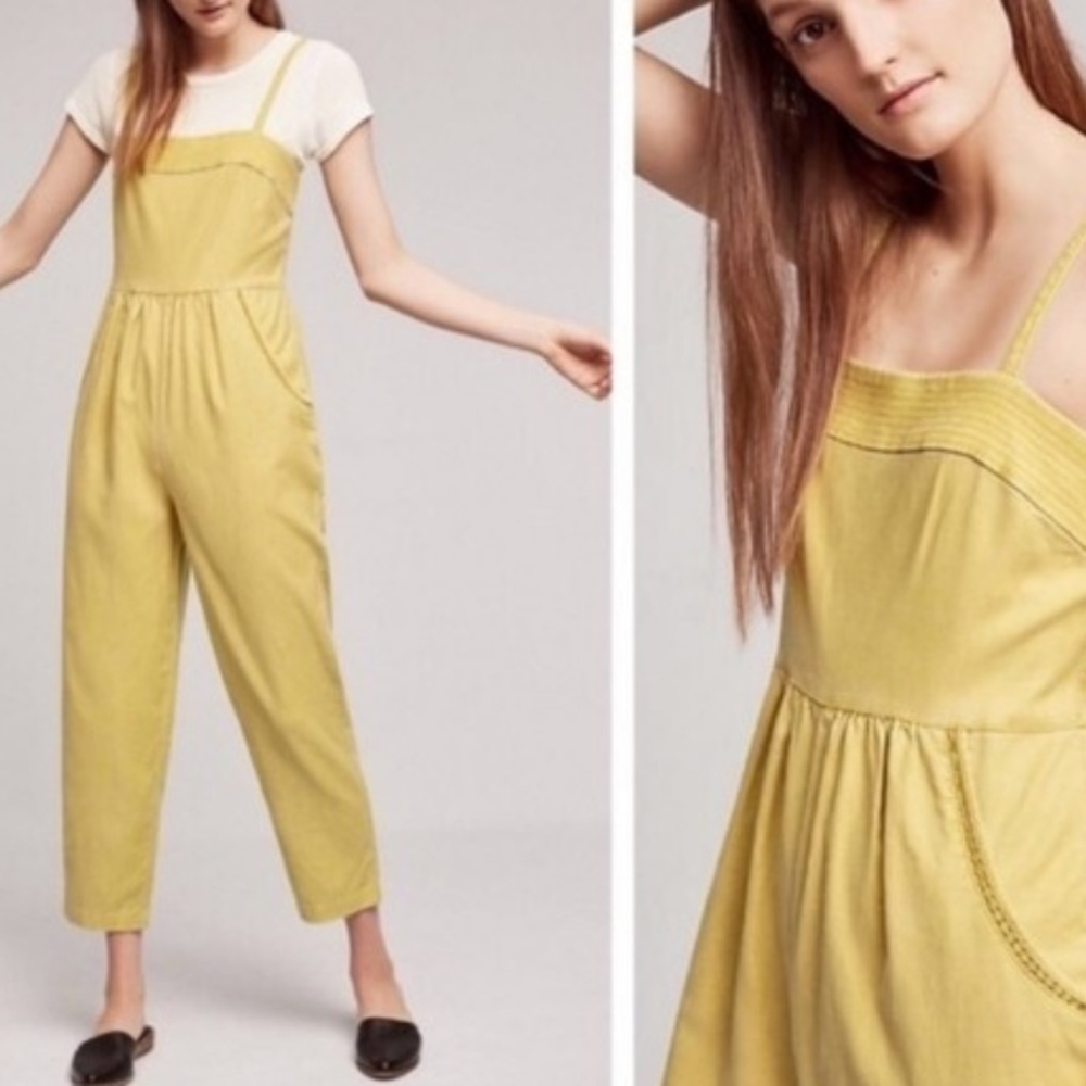 Anthropologie Postmark Linen Yellow Jumpsuit Overalls Size Small